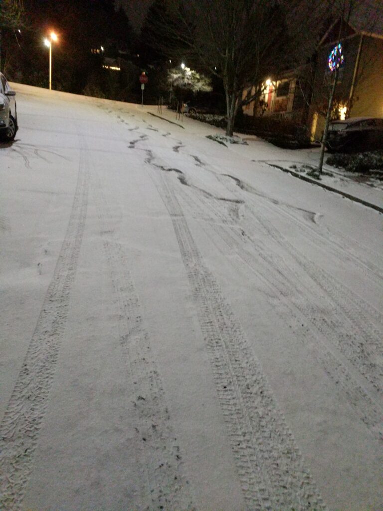 Car tracks in the light snow.